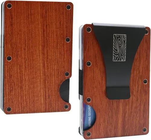 Vista 2 de Billetera delgada de madera recicladatarjetero con clip para dinero, bloqueo RFID, Madera de cerezo, Madera
