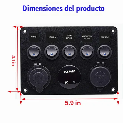 Vista 5 de Panel de interruptor basculante de 5 posiciones con PD Tipo-C, cargador USB, voltímetro digital y salida de 12V para automóvil, barco, camión