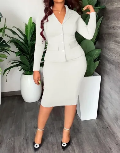 Vista 2 de Conjunto de 2 piezas para mujer, de manga larga, cuello de solapa, con botones, chaqueta tipo blazer bodycon con funda de lápiz