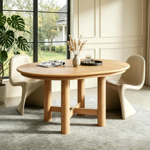 Vista 15 de Mesa de comedor extensible ovalada de madera con base de pedestal Marrón