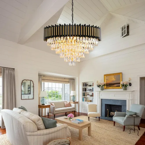Vista 4 de Candelabro moderno de cristal negro y dorado de 15 luces para comedor, sala de estar, redondo, 6 niveles, contemporáneo, colgante de techo, lámpara