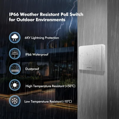 Vista 4 de MokerLink Interruptor POE Gigabit para exteriores de 5 puertos, con 4 puertos POE+ de 1000 Mbps, 78 W IEEE802.3af/at, interruptor sin ventilador
