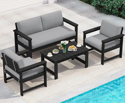 Vista 37 de SERWALL Juego de sofá de 2 piezas de sillón Adirondack acolchado de Marco negro/cojín gris