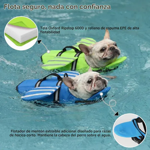 Vista 2 de Petglad Chaleco salvavidas para perro, chaleco salvavidas ajustable con alas lindas con flotador de barbilla y asa, para nadar, navegar, chaleco Azul