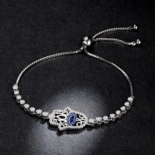 Vista 4 de BISAER Pulsera de plata de ley 925 con circonita cúbica Hamsa ajustable para mujer