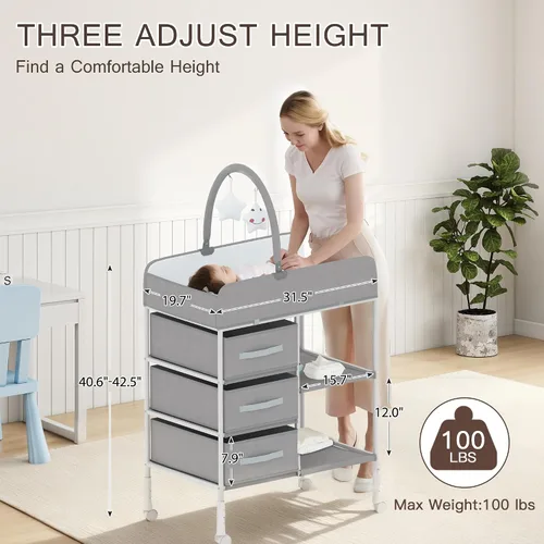 Vista 3 de Cambiador portátil para bebé, cambiador de pañales con almohadilla impermeable, cambiador para niños pequeños con 3 cestas de almacenamiento