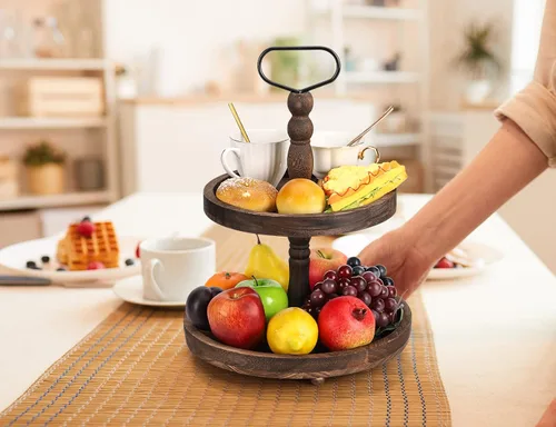 Vista 6 de Bandejas decorativas de madera de granja de dos niveles + bandeja de piel sintética, soporte de madera de 2 niveles para centro de mesa rústica