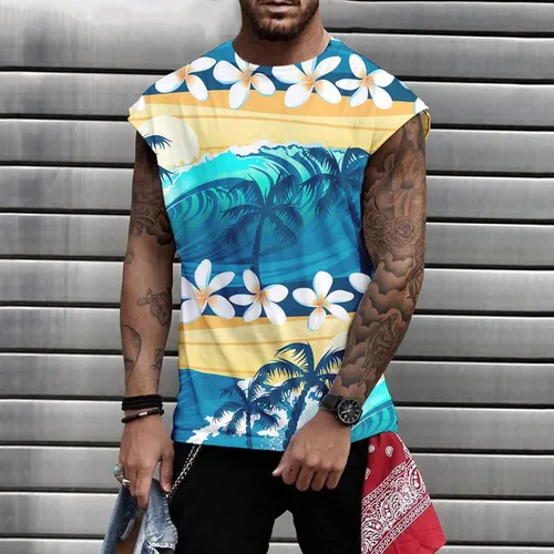 Vista 2 de Camiseta sin mangas con estampado floral para hombre, casual, deportiva, para gimnasio, hawaiana, playa, vacaciones