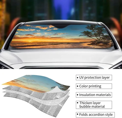 Vista 4 de Parasol de parabrisas con palmera de playa Hawaii tropical costa de verano amanecer, protector frontal plegable, visera solar para automóvil que