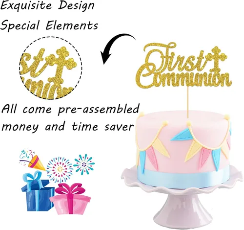 Vista 3 de Decoración de pastel de primera comunión con purpurina dorada – Decoración de pastel de primera comunión para niños – Decoración de pastel de Dios
