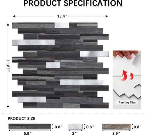 Vista 3 de Midcard Azulejos adhesivos para salpicaduras de 10 hojas, azulejos para cocina, baño, lavandería, cámper, chimenea. 20Trapezoidal Negro Gris Madera