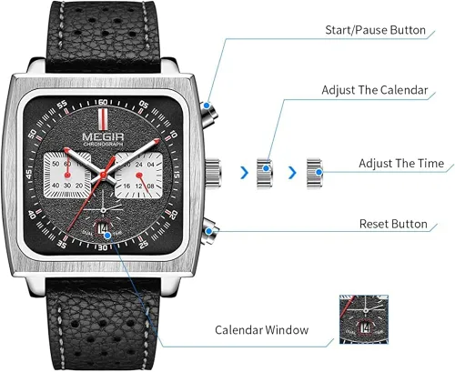 Vista 7 de MEGIR Relojes de cuarzo de 24 horas con esfera cuadrada para hombre, correa de cuero de moda, estilo casual