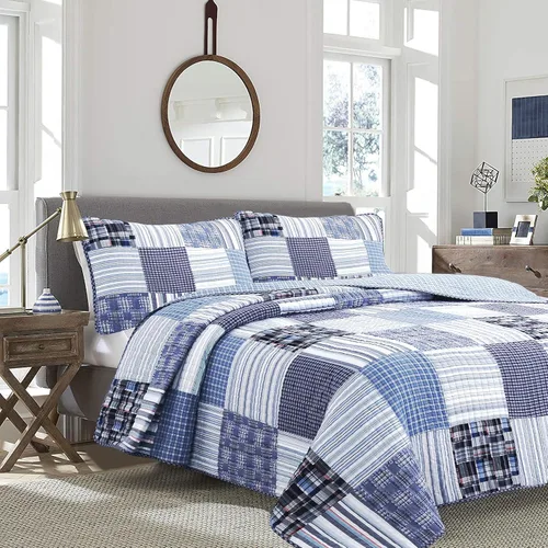 Vista 8 de Cozy Line Home Fashions - Juego de ropa de cama acolchada reversible de 100% algodón, con rayas azul marino y rojo, para niño, colcha, colcha
