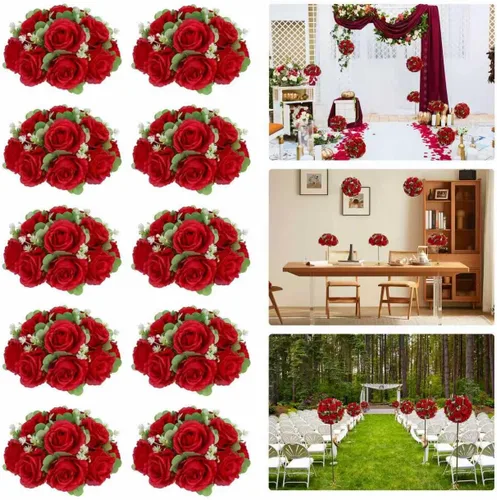 Vista 9 de Bolas de flores para mesas de boda, 6 piezas de flores artificiales rojas de 10.6 pulgadas para centros de mesa, arreglos de rosas falsas