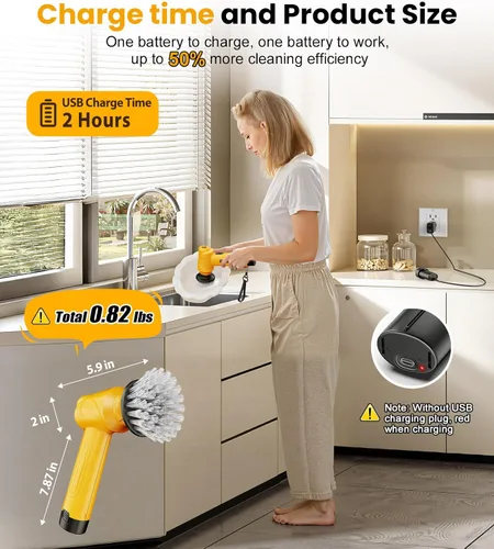 Vista 5 de qimedo Battery Electric Spin Scrubber Q4, Handheld Scrubber for Cleaning with Display, Power Dish Scrubber with 5 Heads, Shower Cordless Cleaning