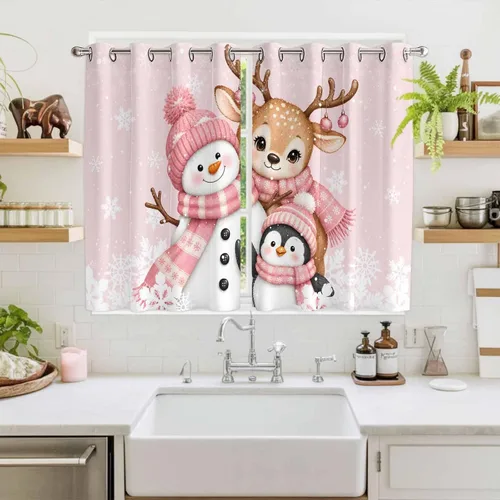 Vista 41 de Libaoge Cortinas de Navidad para cocina, dormitorio, juego de 2 paneles, diseño de muñeco de nieve de Navidad, cortinas de invierno con copos