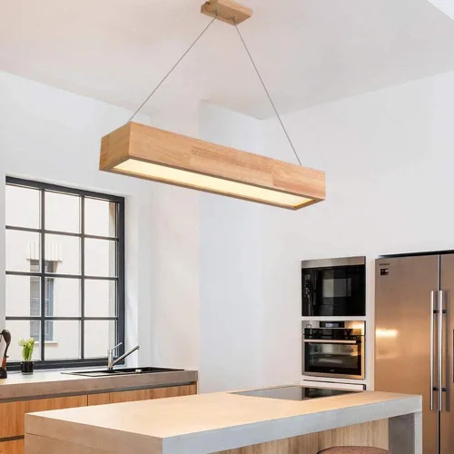 Vista 3 de Lámpara de techo rectangular minimalista de madera maciza de 16 W, lámpara colgante regulable de 23.6 in de largo para restaurante, comedor, isla