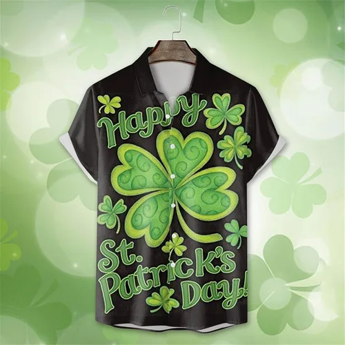Vista 2 de Mens Green Tshirt St Patricks Day Shirt 2024 Short Sleeve Button Down Shamrock Irish Tshirts Soft Hawaiian Tops