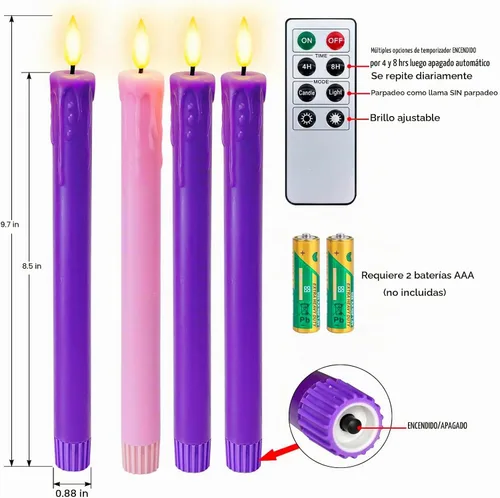 Vista 3 de Juego de 4 Luces de Velas LED de Navidad, Velas Cónicas que Funcionan con Batería para Corona de Adviento, 3 Moradas 1 Rosa Velas de Cera Sin Llama