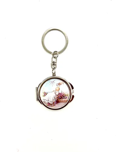 Vista 6 de RBN Llavero de espejo compacto para bautizo, recuerdos, bautizo, diseño de bebé, maquillaje compacto para primera comunión, 12 unidades, Siliver