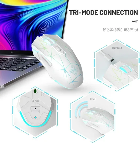 Vista 2 de AJ52PRO Ratón inalámbrico con cable Bluetooth para juegos con retroiluminación LED RGB ajustable 10000DPI ergonómico 7 botones programables