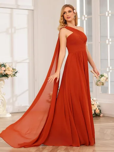 Vista 3 de Clothfun Vestidos de fiesta de un hombro para mujer, con bolsillos, abertura larga, acampanados, plisados, de gasa, vestidos de noche formales