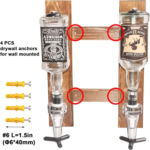 Vista 5 de Dispensador de licor montado en la pared de 2 botellas, estante de pared de madera para bar en casa, dispensador de bebidas de vidrio para fiestas
