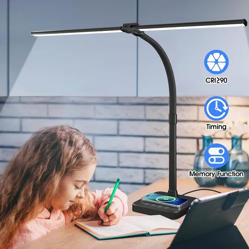Vista 8 de ShineTech LED Desk Lamp, 24W Double Head Desk Light with Wireless Charging