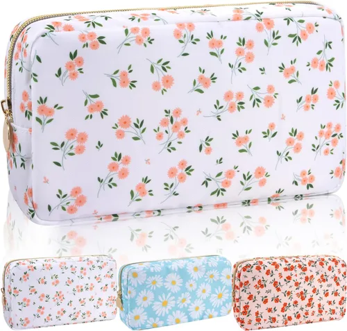 Vista 52 de Iqimott Bolsa Grande de Maquillaje de Nylon, Neceser de Viaje, Bolsa Grande de Cosméticos Preppy, Organizador de Maquillaje de Nylon, Bolsa de Beige
