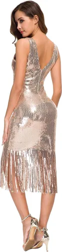 Vista 3 de VVMCURVE Vestido sexy con cuello en V para mujer, con lentejuelas, con purpurina, elástico, vestido de fiesta de los años 20, gran Gatsby