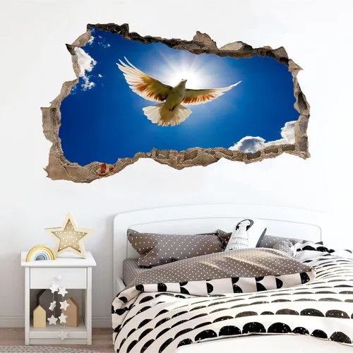 Vista 2 de Calcomanías de pared de animales 3D de paloma blanca destrozada, vinilo removible, decoración del hogar, cielo azul, impermeable, calcomanías