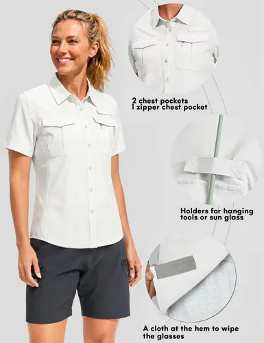 Vista 5 de Haimont Camisas de senderismo y pesca con protección solar para mujer, manga corta, abotonadas, resistentes al agua, de secado rápido