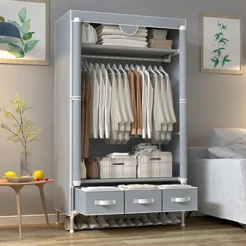 Vista 6 de Armario portátil para ropa con puerta enrollable con estante para colgar, organizador de almacenamiento de tela no tejida con tres cajones, montaje
