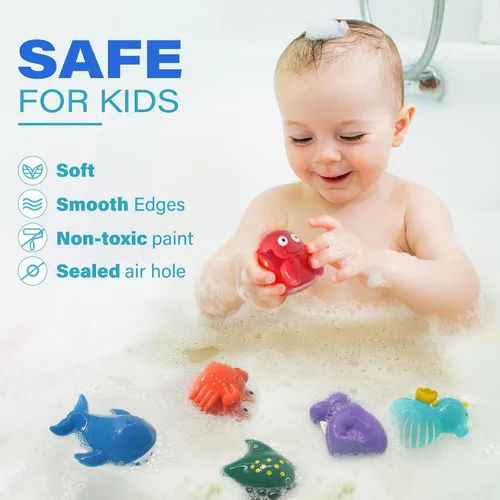 Vista 3 de LotFancy Juguete de baño, 8PCS juguetes de baño sin moho para niños de 1 a 3 años, juguetes de baño para bebés sin agujeros para niños pequeños de 2