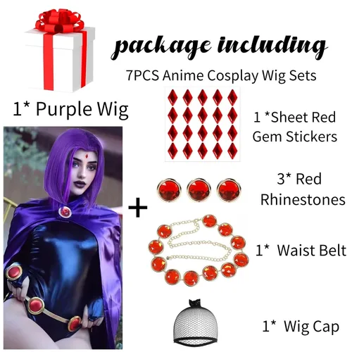 Vista 7 de Ebingoo 7 piezas de peluca corta morada estilo Bob para mujer + accesorios de disfraz + gorra de peluca, peluca corta recta morada, peluca de pelo