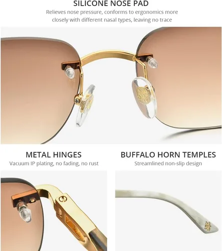 Vista 3 de HEPIDEM Lentes de sol 100% Really Buffalo Horn para hombre, lentes de sol cuadrados sin montura