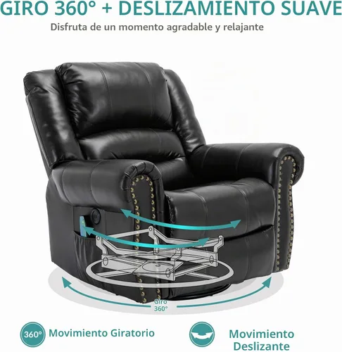 Vista 4 de MEETWARM Sillón reclinable giratorio de masaje con calor y vibración, mecedora manual mecedora, silla reclinable giratoria de 360° con control Negro
