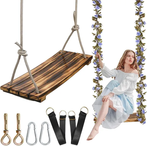 Vista 8 de Asiento de columpio de madera mejorado 2025, 18 x 8 pulgadas, columpio de árbol colgante para adultos y niños, carga de 440 libras, cuerda de nailon