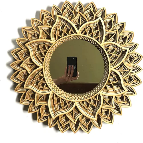 Vista 8 de BHDecor Espejo para decoración de pared para el hogar, marco tallado con láser de varias capas, elegante mandala de madera para colgar, paneles
