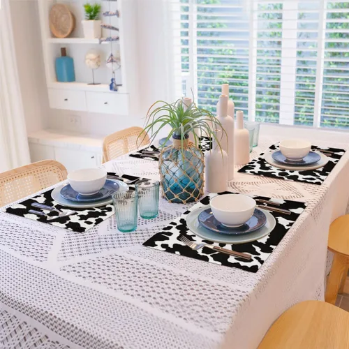 Vista 8 de Juego de 4 manteles individuales con estampado de vaca, lavables, impermeables, para decoración de mesa de comedor, 18 x 12 pulgadas