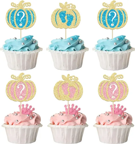 Vista 14 de 24 adornos para cupcakes de calabaza para niños o niñas con purpurina para revelación de género, decoración para cupcakes de calabaza, pies