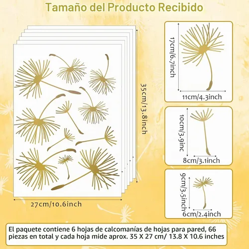Vista 2 de 66 calcomanías de pared para despegar y pegar, calcomanías de pared de diente de león, murales de flores metálicas, calcomanías de decoración floral