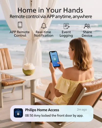 Vista 2 de Philips - Cerradura inteligente WiFi con manija, cerradura de puerta sin llave con reconocimiento de huellas dactilares y puente WiFi, cerraduras