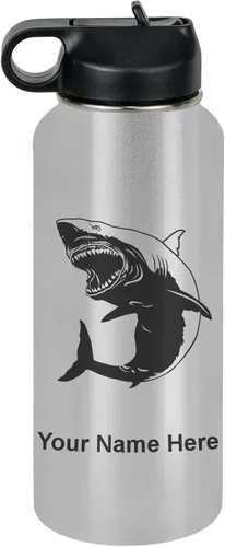 Vista 76 de LaserGram Botella de agua personalizada, gran tiburón blanco, acero inoxidable de doble pared aislada al vacío con popote superior, regalo grabado