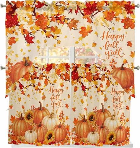 Vista 32 de Thanksgiving Fall Swag Kitchen Curtain Sets with Valance, Orange White Pumpkins 3 Pieces Curtain Drapes Rod Pocket for Bedroom Living Room Bathroom