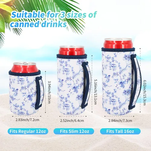 Vista 2 de 3 Pack de fundas aisladas reutilizables de neopreno con asa para soda, bebida energética, refresco, cerveza, seltzer duro, fundas para latas de 12