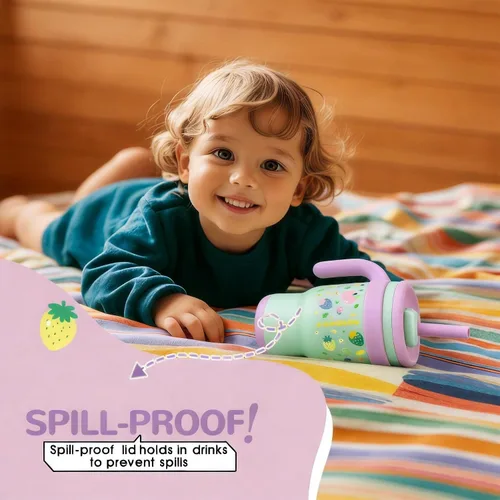 Vista 5 de KXIAOCHEN Vaso para niños de 14 onzas con asa para evitar derrames, vaso aislado reutilizable de acero inoxidable para niños pequeños, mantiene