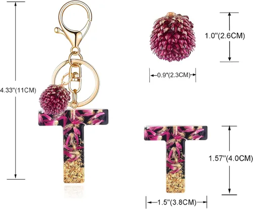 Vista 2 de Llavero con letra inicial del alfabeto para mujeres y niñas, diseño de gomphrena globosa secas, llavero para bolso y bolso