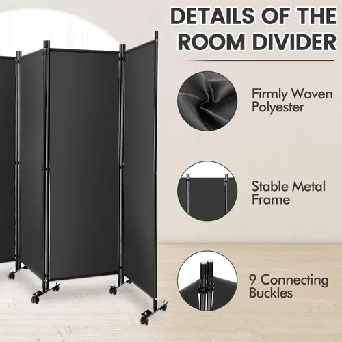 Vista 5 de Giantex Divisor de habitación de 4 paneles con rodillos gris: pantalla de privacidad plegable independiente de 5.7 pies, divisor de pared de 89