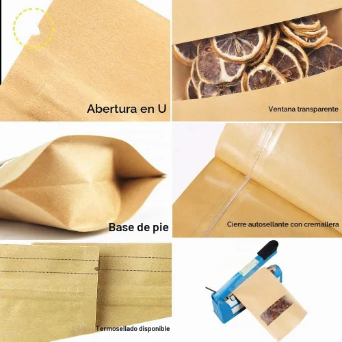 Vista 4 de 100 bolsas de papel kraft resellables con ventana para productos de embalaje, bolsas reutilizables con cierre de cremallera para almacenamiento